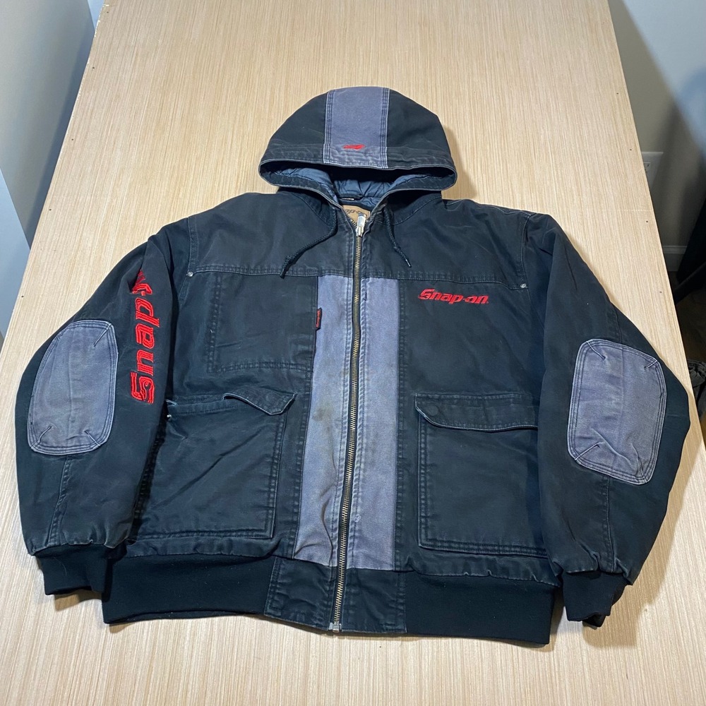 Snap-on Tools Workwear Hooded Jacket Mens XL Black Grey Canvas Quilted Utility